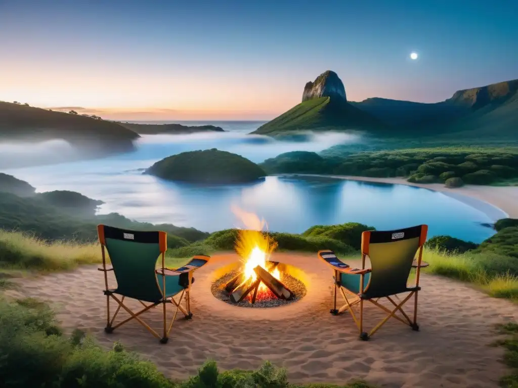 Sillas de camping de lujo junto a fogata en Uruguay Un campamento sereno en Uruguay, con sillas de camping cómodas alrededor de una fogata bajo un cielo estrellado