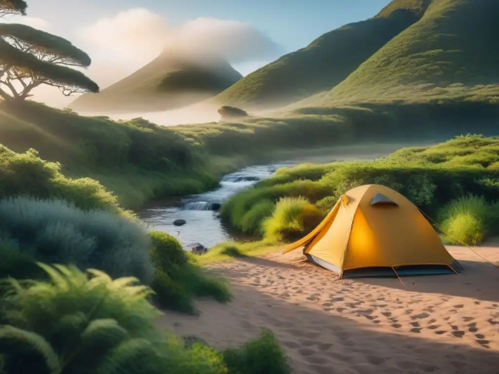 Un campamento sereno en Uruguay, con una tienda acogedora entre vegetación exuberante y un arroyo cercano al atardecer