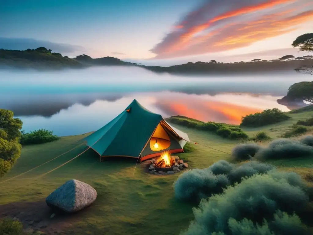 Un campamento sereno en Uruguay con una tienda acogedora entre naturaleza exuberante y un lago tranquilo al atardecer