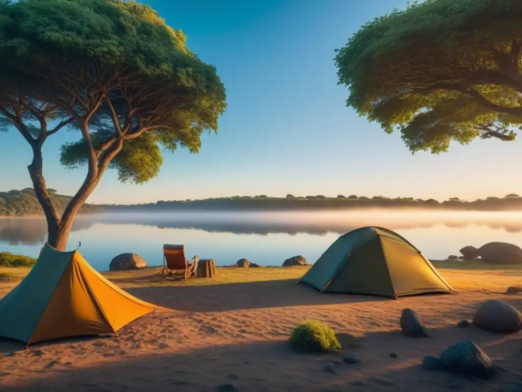 Un campamento sereno en Uruguay, con una tienda bajo árboles junto al río, en la hora dorada