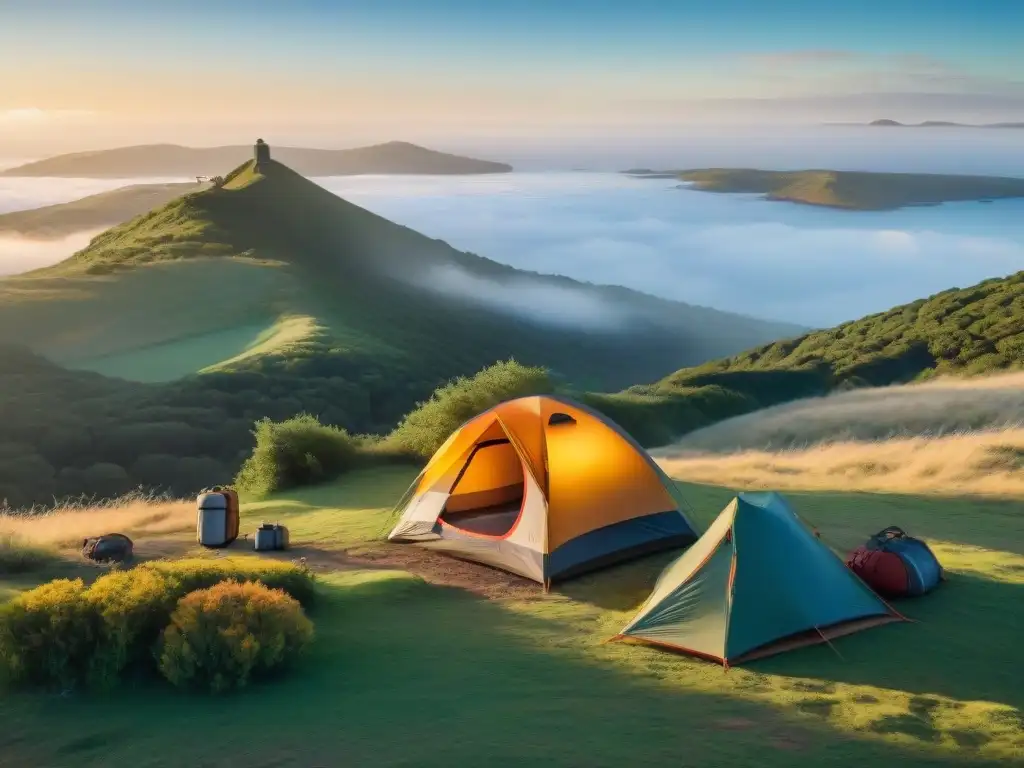 Un campamento sereno en Uruguay con una tienda colorida, viajeros compartiendo historias alrededor de una fogata brillante y equipos de acampar