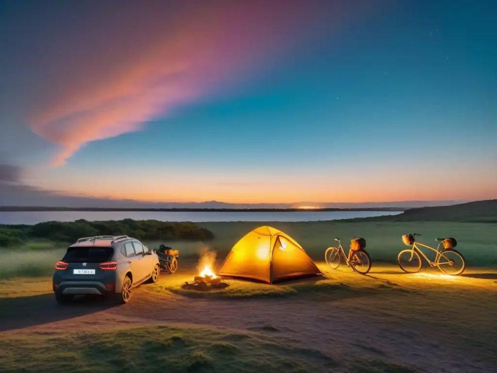 Campamento sereno en Uruguay al anochecer: tienda iluminada, lago tranquilo, bicicletas, fogata y cielo estrellado