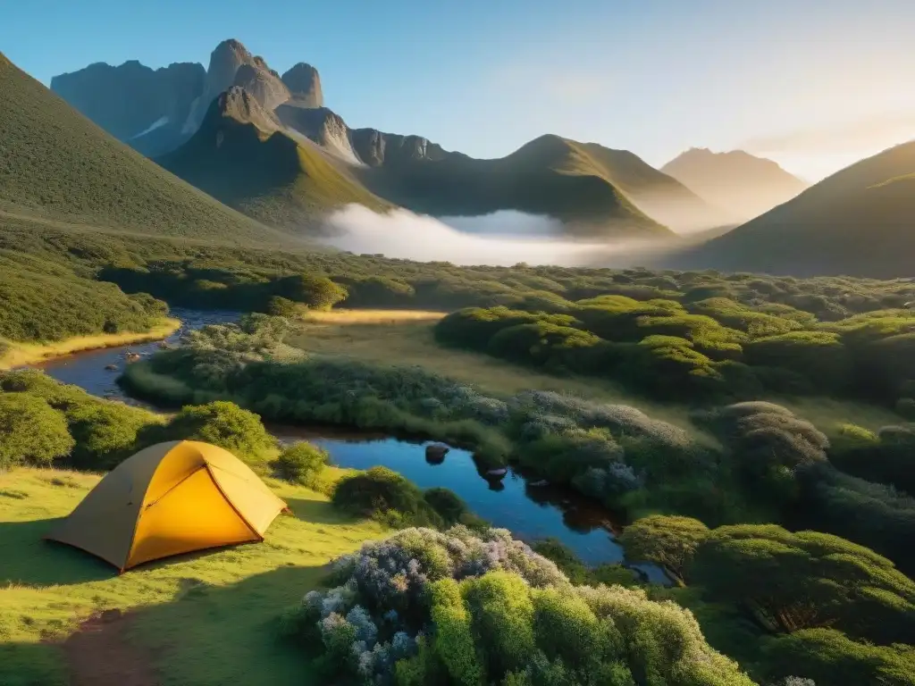 Campamento sereno en Uruguay, con tienda minimalista entre naturaleza exuberante y arroyo cristalino al atardecer