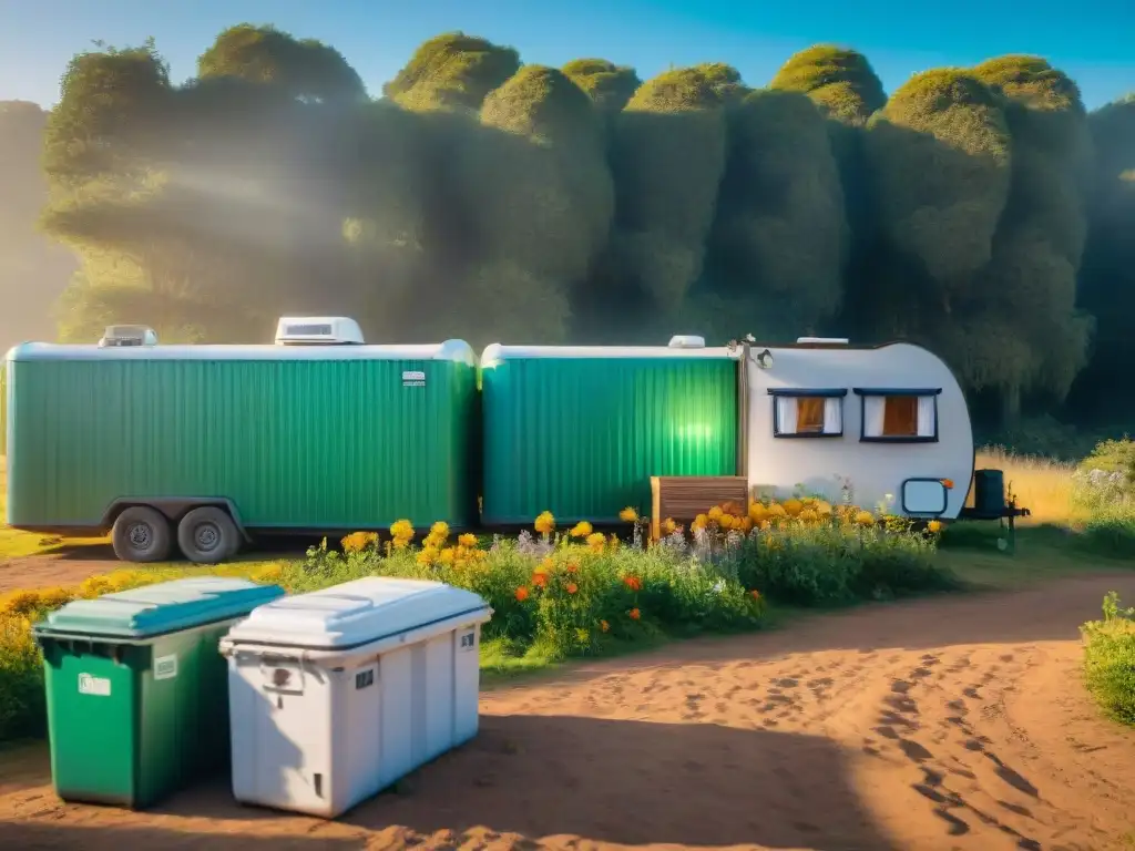 Un campamento sereno y verde en Uruguay, con un campista separando cuidadosamente reciclables, desechos orgánicos y basura en contenedores etiquetados