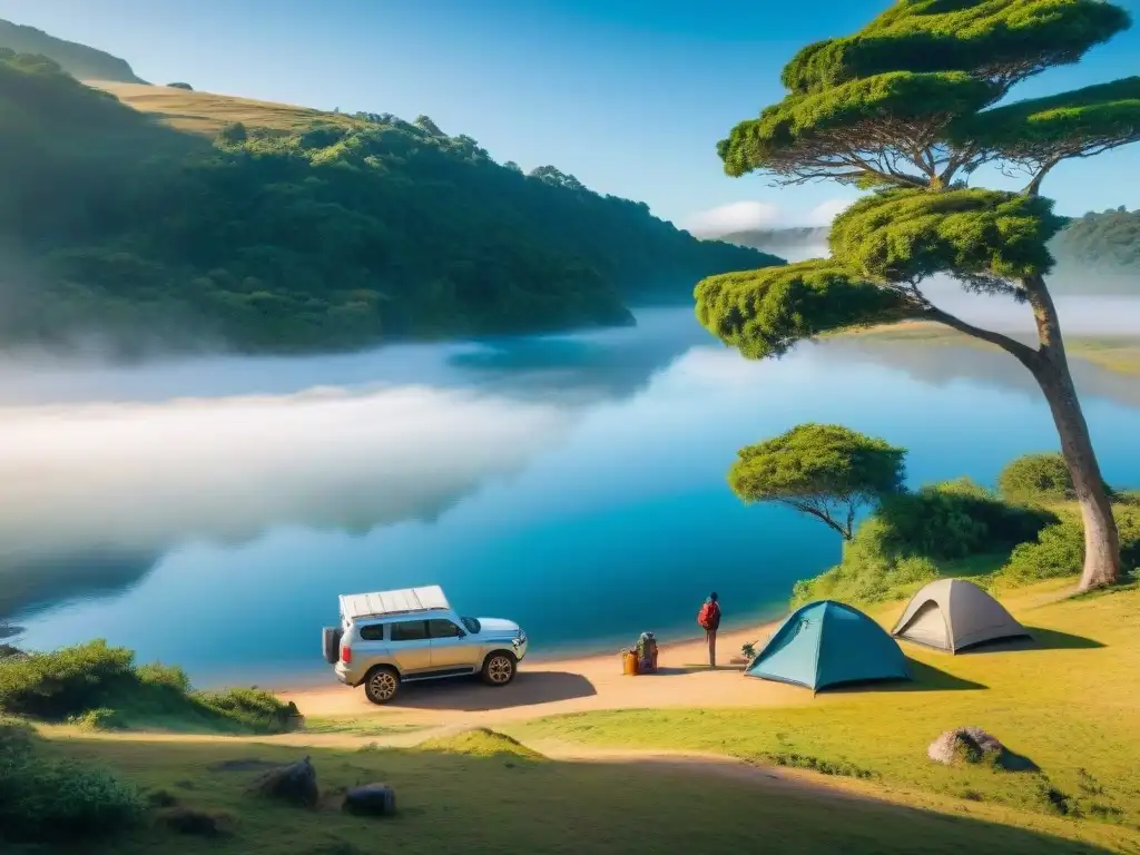 Campamento sereno en Uruguay, familias y viajeros montando tiendas bajo cielo azul