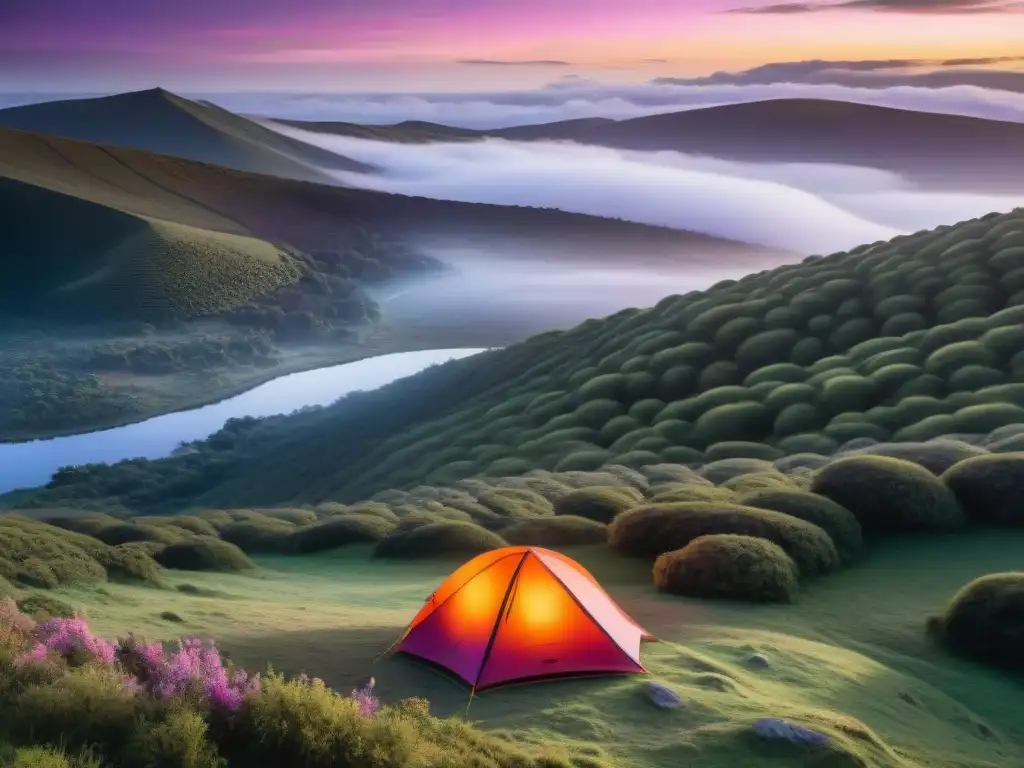 Campamento solitario al amanecer en el Valle del Lunarejo camping Uruguay