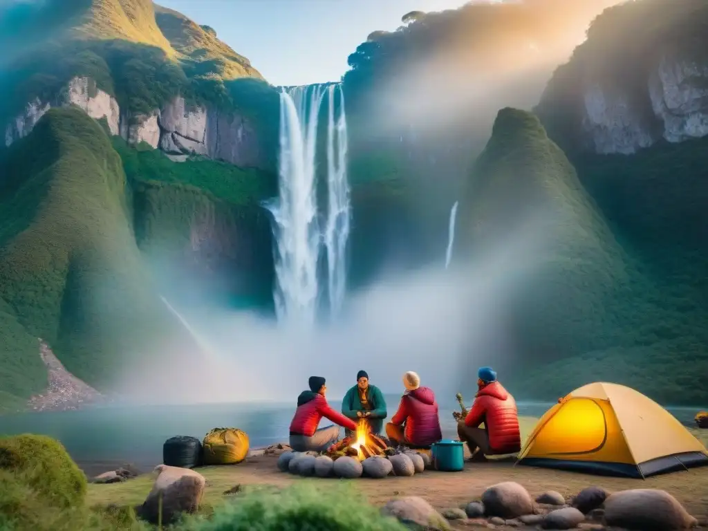 Campamento sostenible en Uruguay con atardecer colorido, fogata y campistas felices