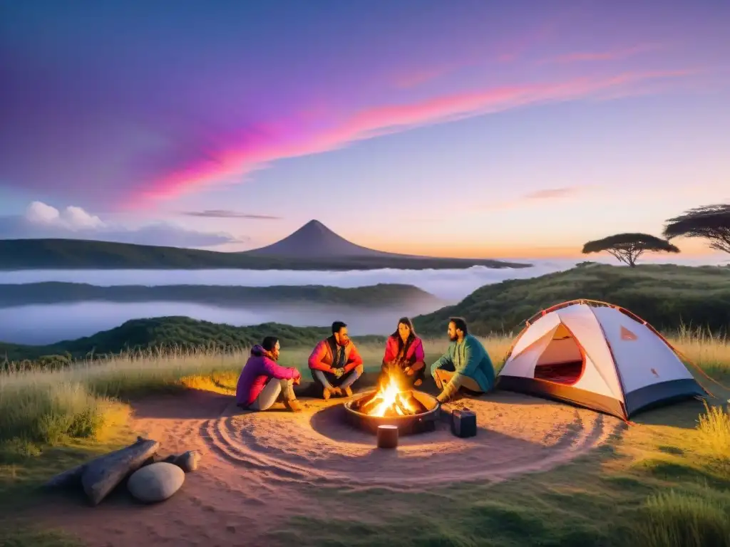 Campamento sostenible en Uruguay al atardecer con paquetes ecológicos camping Uruguay