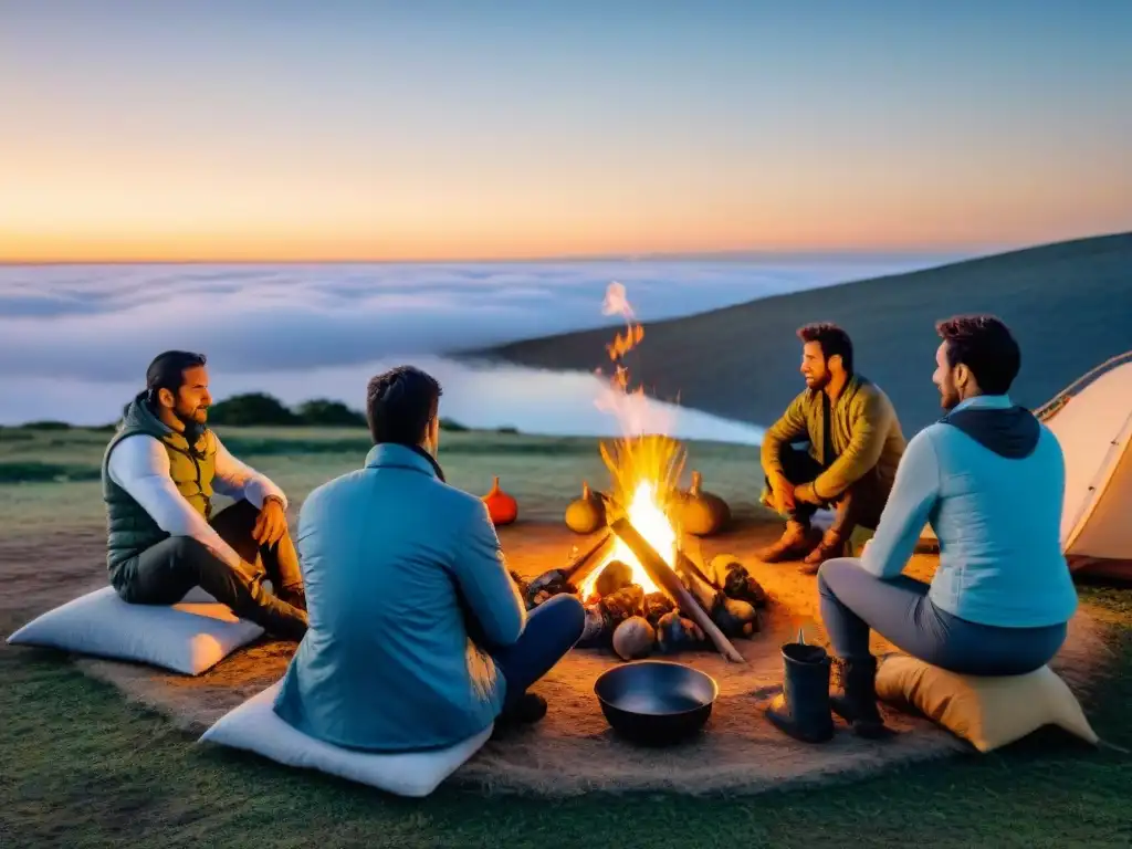 Campamento sostenible al atardecer en Uruguay, resaltando tradiciones y minimización residuos