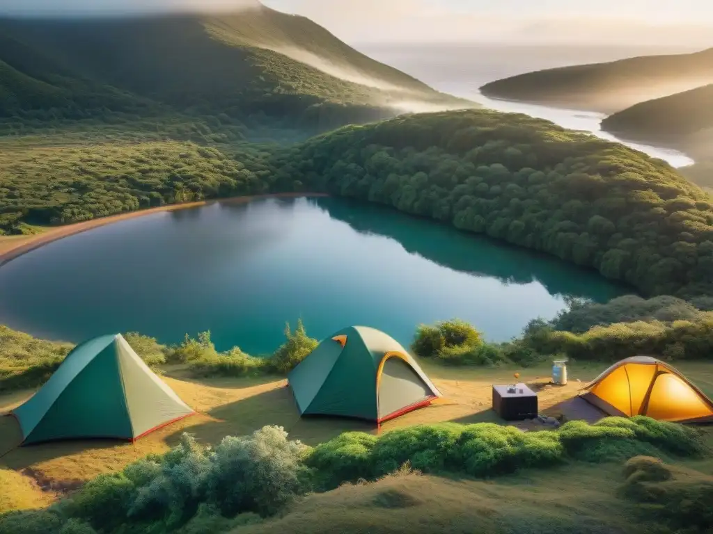 Campamento sostenible en atardecer uruguayo, resaltando la conservación naturaleza camping Uruguay