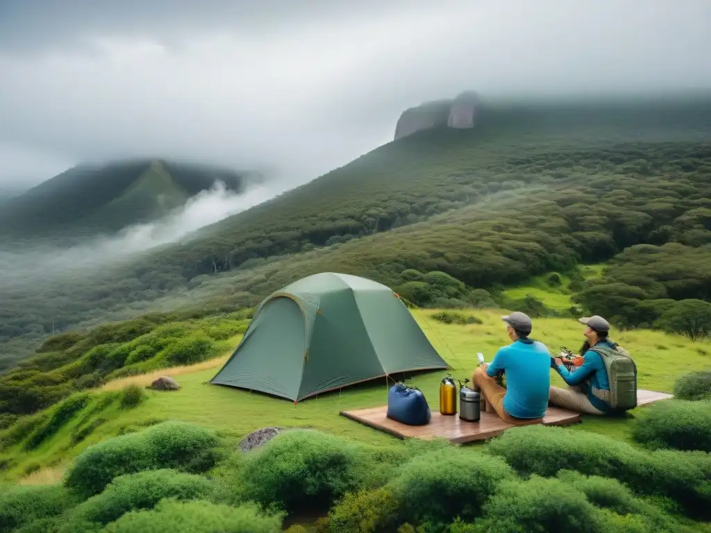 Un campamento sostenible en un bosque de Uruguay, con turistas practicando el turismo responsable