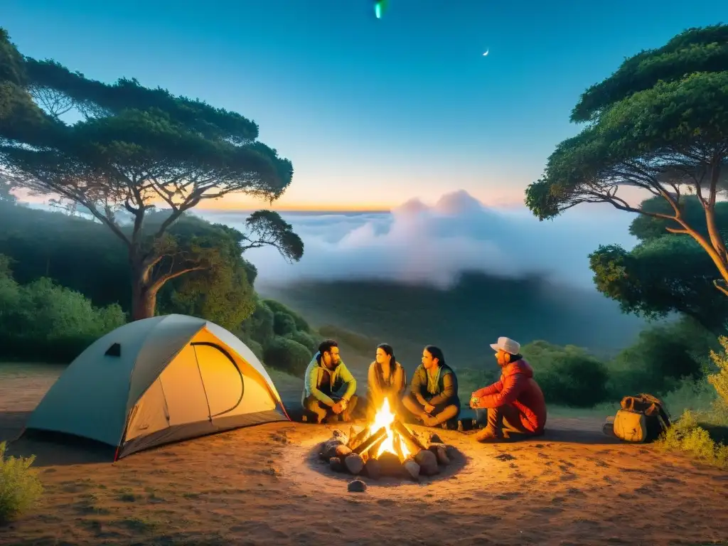 Un campamento sostenible en Uruguay: grupo de campistas alrededor de la fogata en un bosque sereno