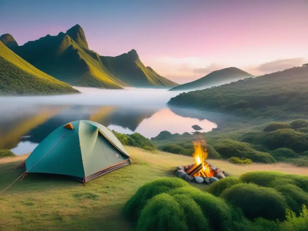 Campamento sostenible en Uruguay al amanecer con consejos de camping basura cero