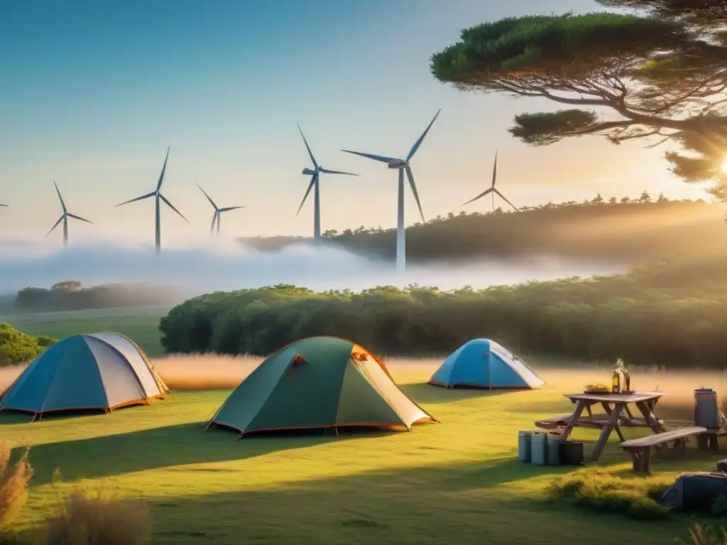 Campamento sostenible en Uruguay con energía solar, turbinas eólicas y estufas de bioetanol