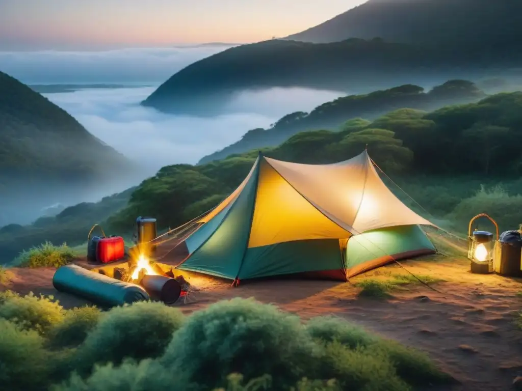 Un campamento sostenible en Uruguay iluminado por la tenue luz de una colorida tienda ecoamigable