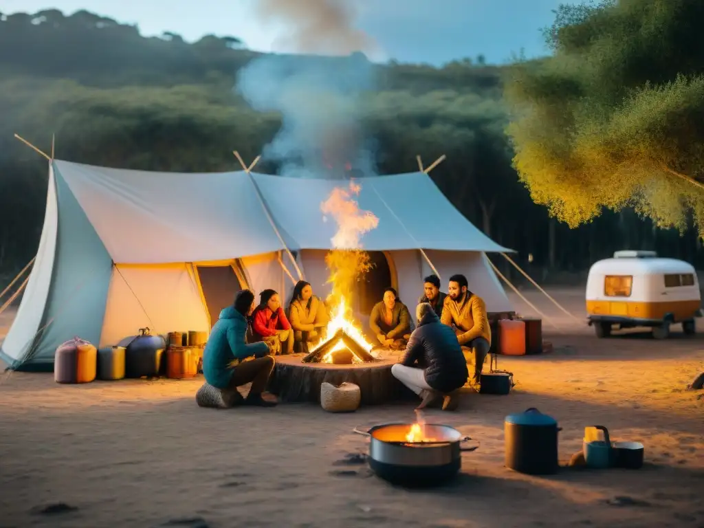 Campamento sostenible en Uruguay: Opciones energéticas sostenibles campistas disfrutan del atardecer dorado