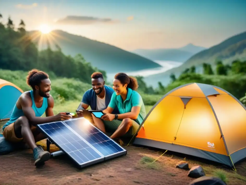 Campamento sostenible con paneles solares portátiles para camping en el bosque