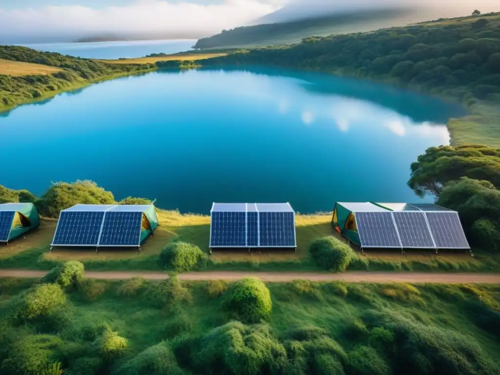 Campamento sostenible en Uruguay con paneles solares, reciclaje y campistas usando equipamiento ecológico