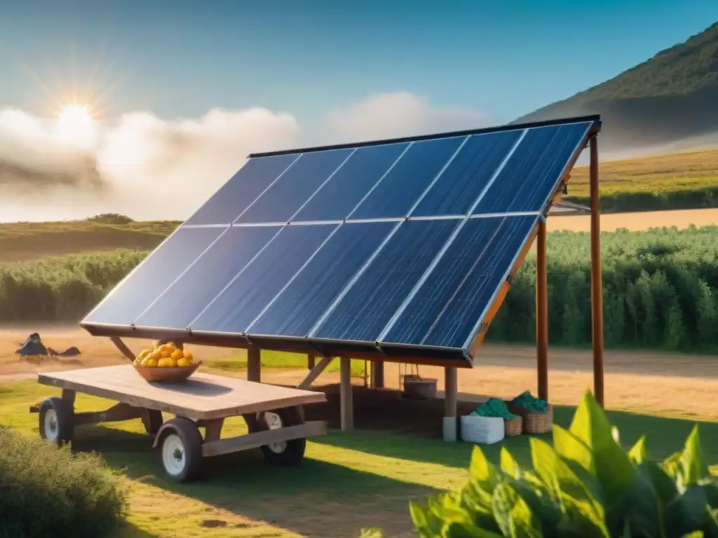 Un campamento sostenible en Uruguay con paneles solares brillando bajo el sol, campistas cocinando con productos locales