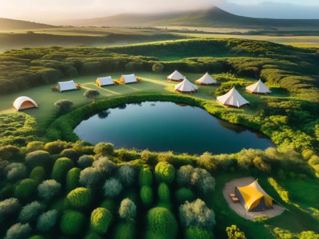 Un campamento sostenible en Uruguay rodeado de naturaleza exuberante, con tiendas ecofriendly y un arroyo cristalino al atardecer