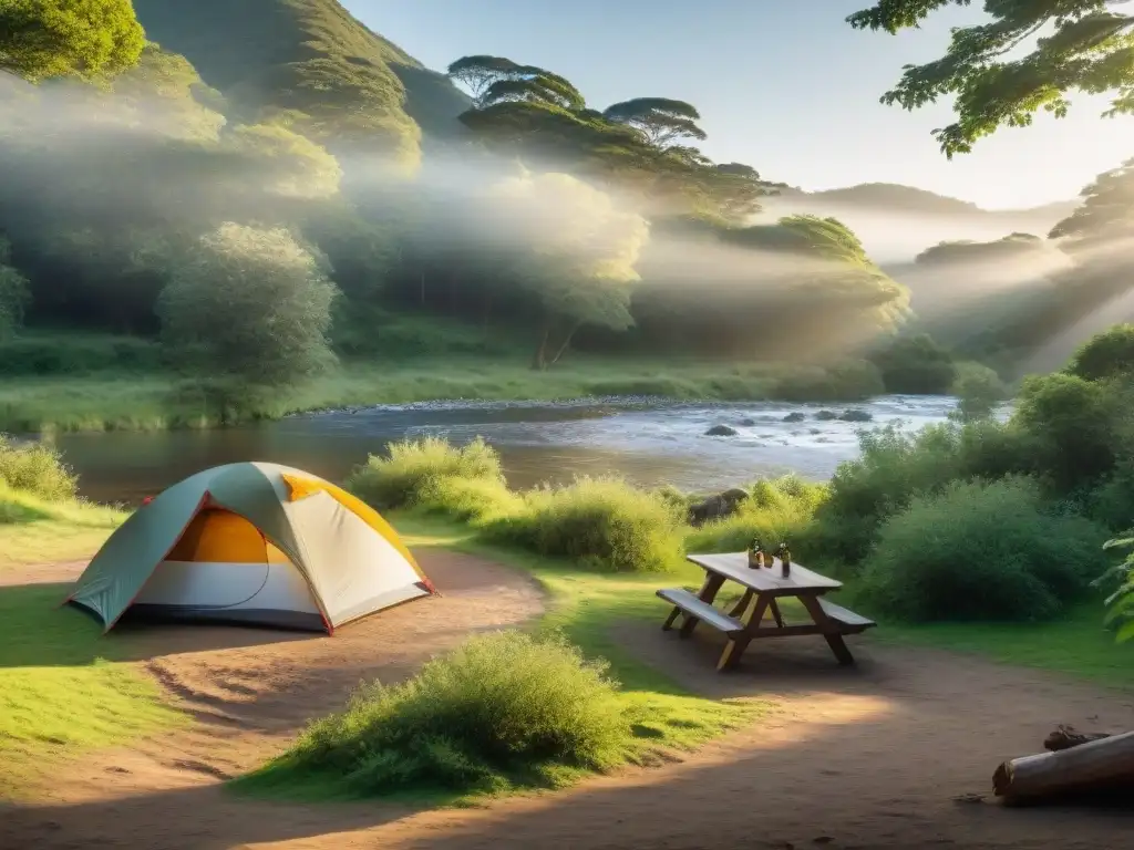 Campamento sostenible en Uruguay: tienda en bosque tranquilo, campistas reciclando y usando equipo solar