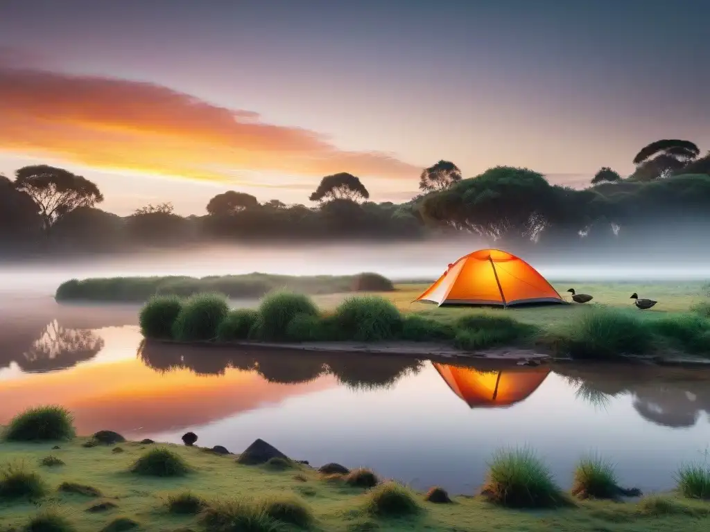 Un campamento sostenible en Uruguay: una tienda iluminada por la noche con elementos ecológicos alrededor y un río tranquilo al fondo