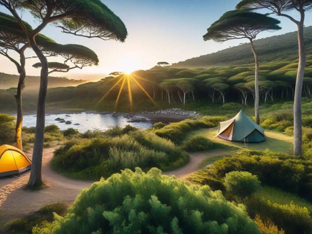 Campamento sostenible en Uruguay con tiendas ecofriendly, paneles solares y un arroyo cristalino, bajo el cálido atardecer