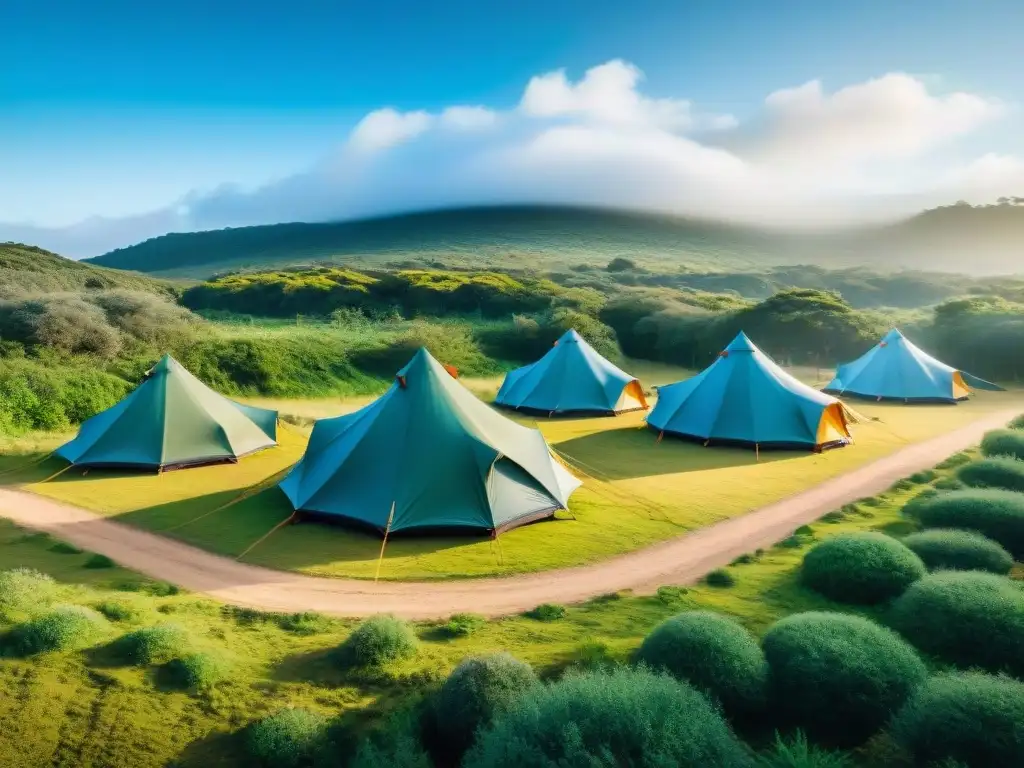 Un campamento sostenible en Uruguay: tiendas ecológicas entre vegetación, paneles solares, área de compostaje y visitantes responsables