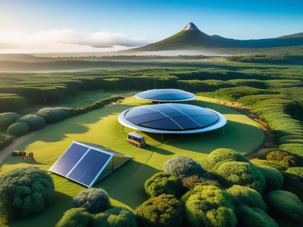 Campamento tecnológico en Uruguay con tiendas de alta tecnología, paneles solares y comodidades ecológicas, en medio de la naturaleza