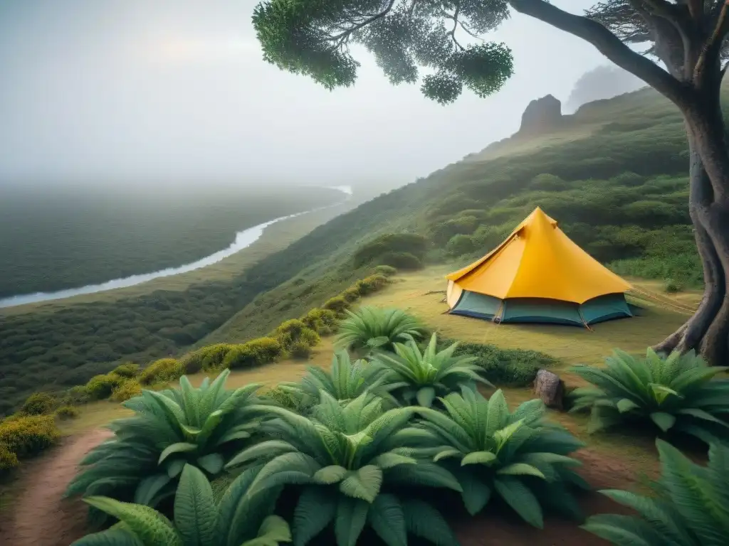 Campamento en Uruguay: tienda acogedora rodeada de vegetación exuberante y sendero serpenteante en el bosque denso al amanecer