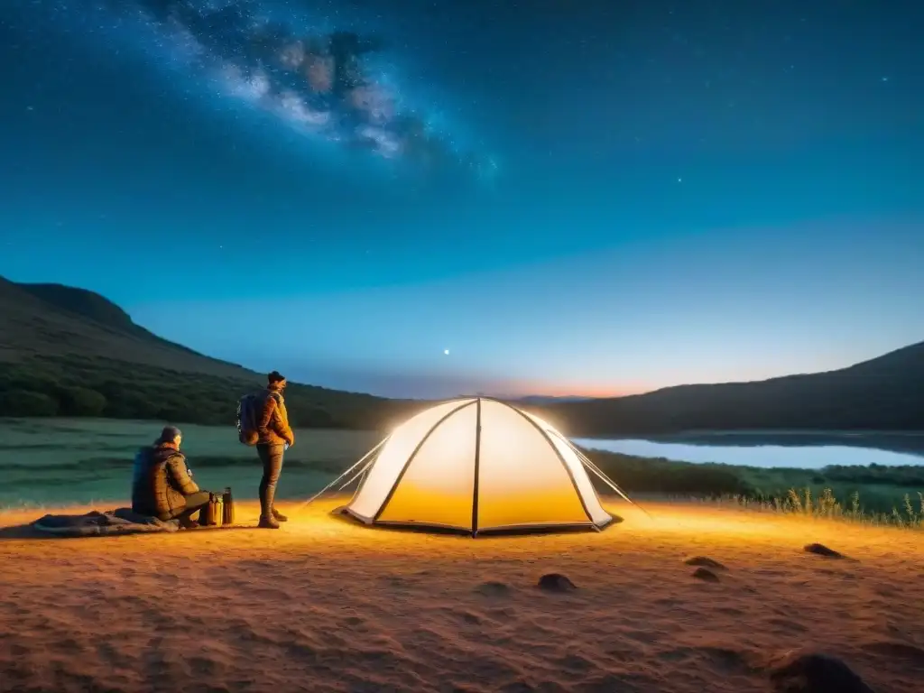 Campamento en Uruguay con tienda de campaña inteligente iluminada bajo un cielo estrellado, fusionando tecnología y naturaleza