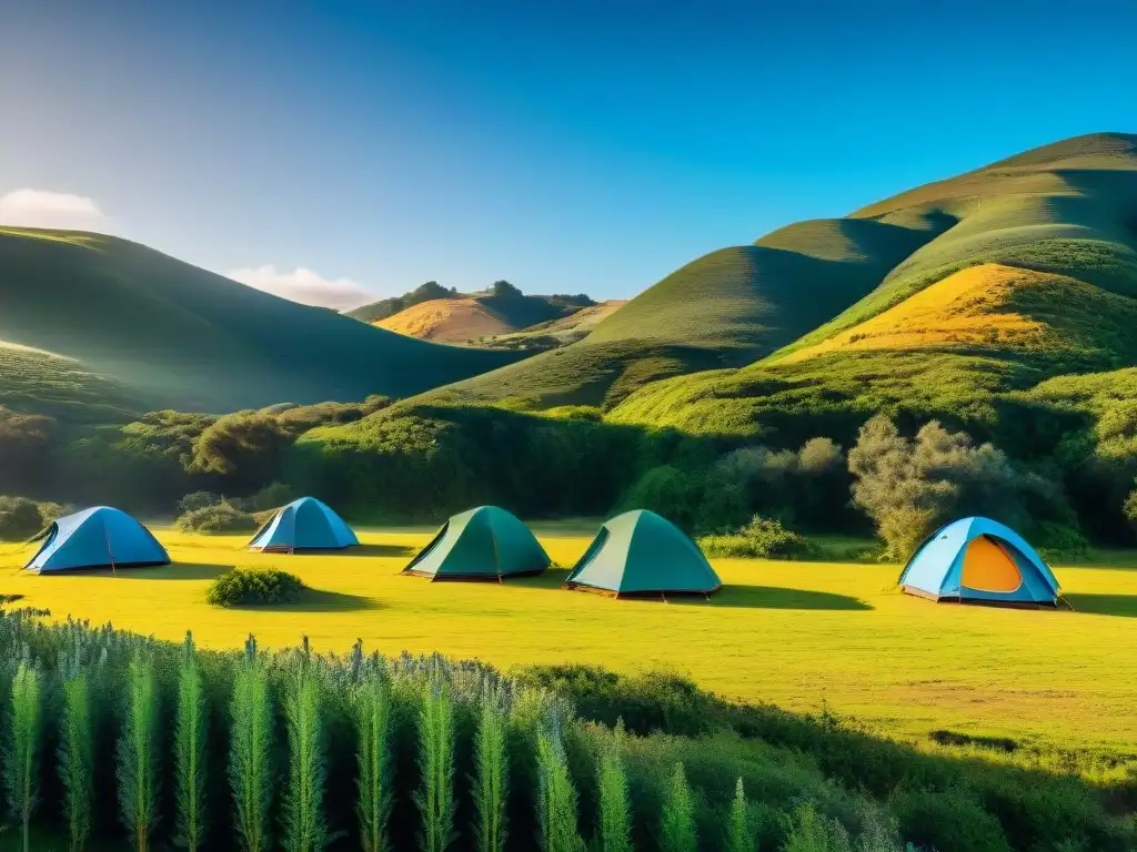 Campamento en Uruguay con tiendas de colores en paisaje natural