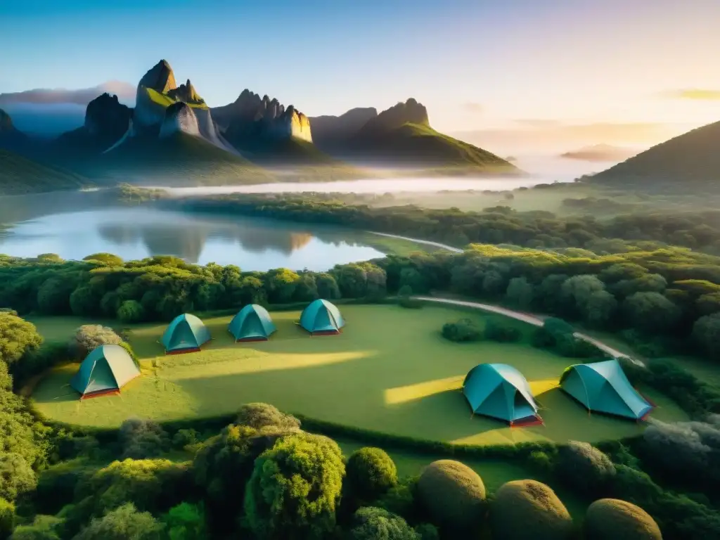 Campamento en Uruguay con tiendas de colores en un paisaje verde, río y montañas al atardecer