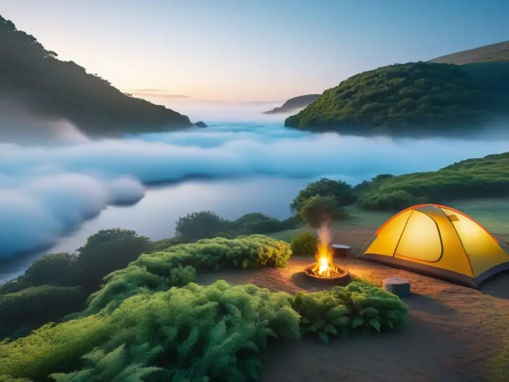 Campamento en Uruguay con tiendas de colores entre vegetación, río tranquilo al atardecer