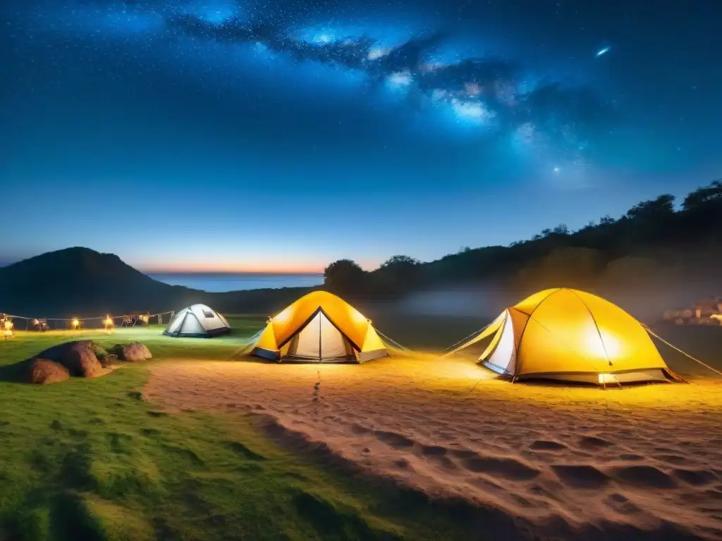 El campamento en Uruguay muestra tiendas iluminadas con linternas y luces, creando una atmósfera mágica y tranquila