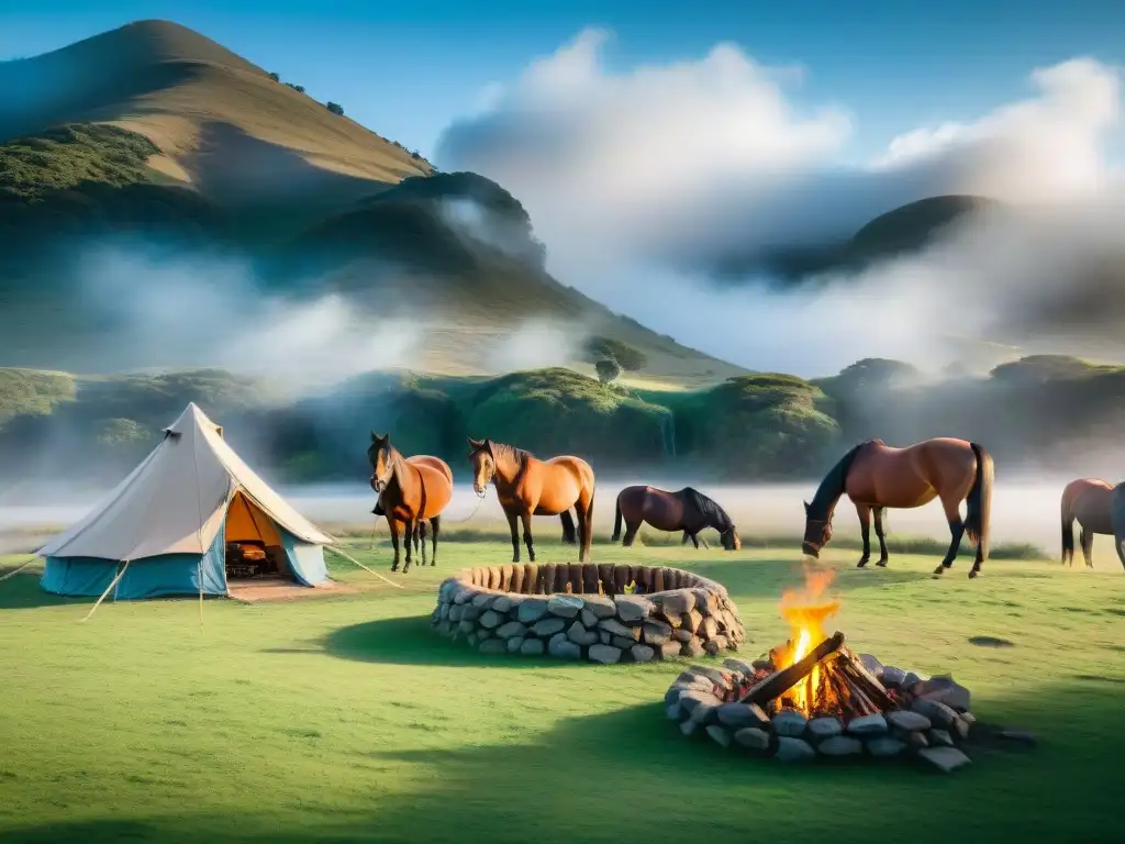 Campamento tradicional de gauchos uruguayos en la naturaleza serena junto al río