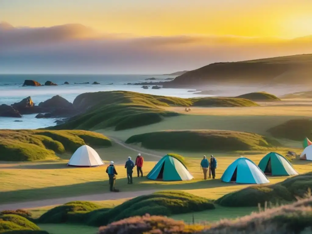 Campamento en Uruguay con tradiciones locales: Campistas montando tiendas tradicionales uruguayas en Punta del Diablo al atardecer