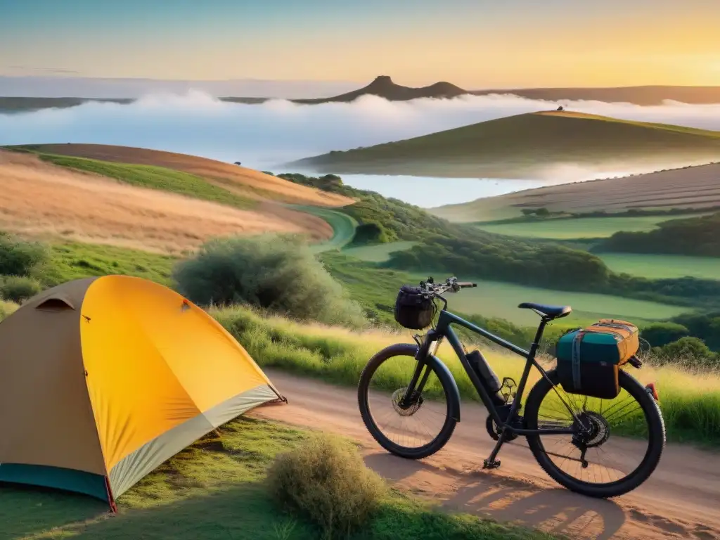 Un campamento tranquilo al atardecer en Uruguay, con una bicicleta y una tienda de campaña colorida cerca de una fogata