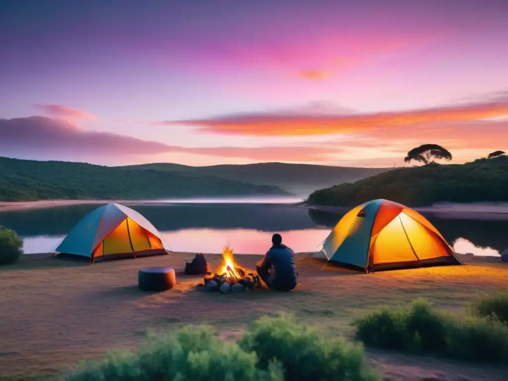 Campamento tranquilo con atardecer colorido en Uruguay