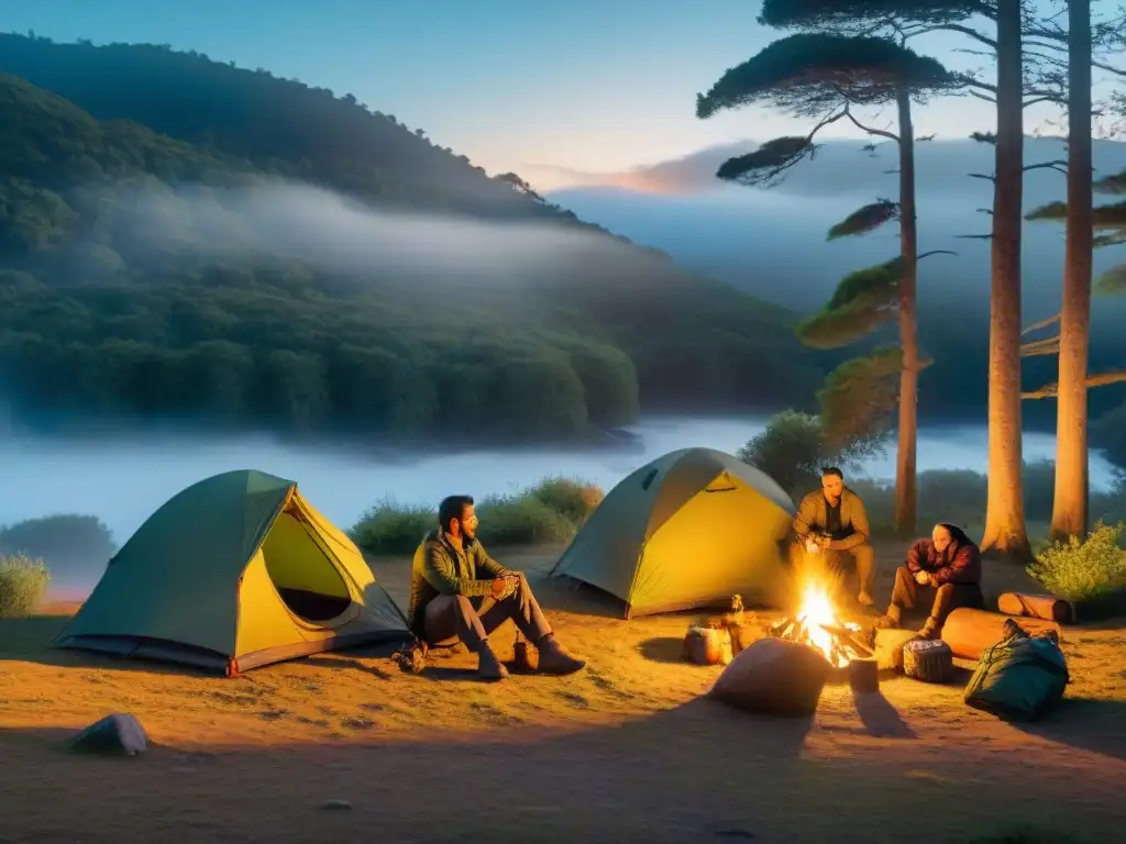 Un campamento tranquilo en Uruguay al atardecer, con fogata y campistas compartiendo historias bajo el cielo estrellado