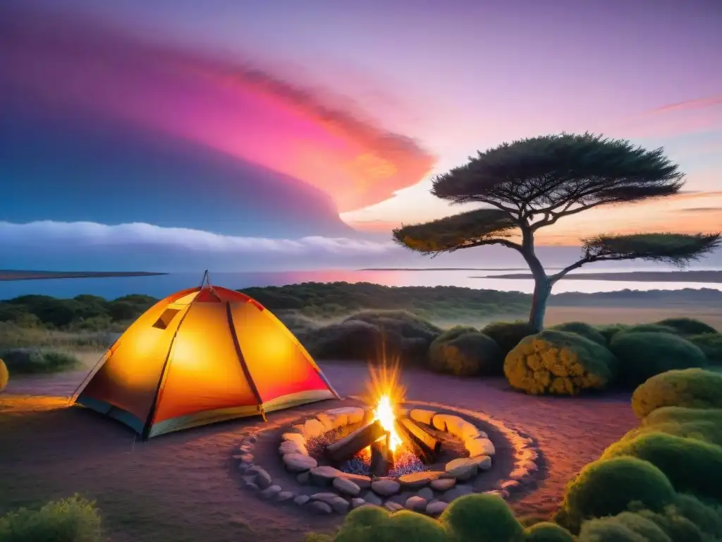 Campamento tranquilo al atardecer en Uruguay, ideal para las mejores épocas acampar