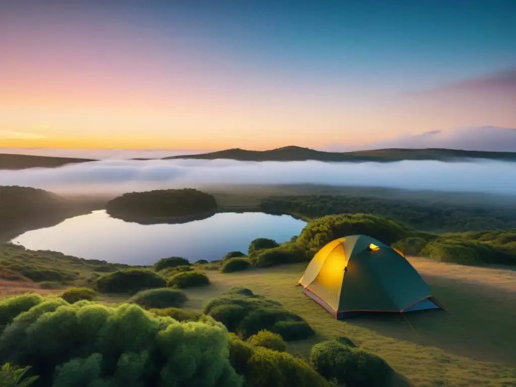 Campamento tranquilo al atardecer en Uruguay con tent, lago y actividades al aire libre, ideal para Seguros de viaje para camping en Uruguay