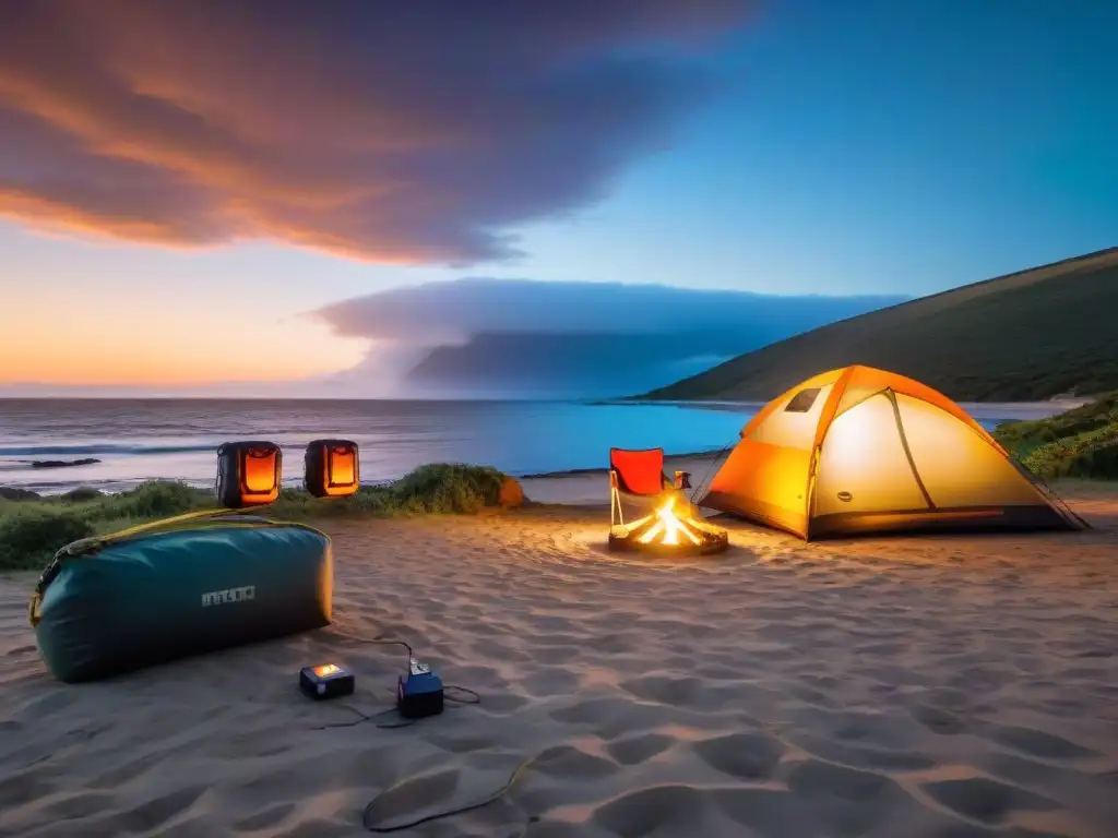 Campamento tranquilo al atardecer en Uruguay con mejores baterías portátiles camping Uruguay