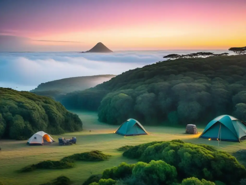 Campamento tranquilo al atardecer en Uruguay con seguro de viaje camping Uruguay