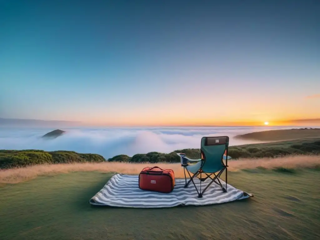 Silla de camping y mesa: comodidad y tranquilidad al atardecer en Uruguay Un campamento tranquilo al atardecer en Uruguay con sillas y muebles camping cómodos