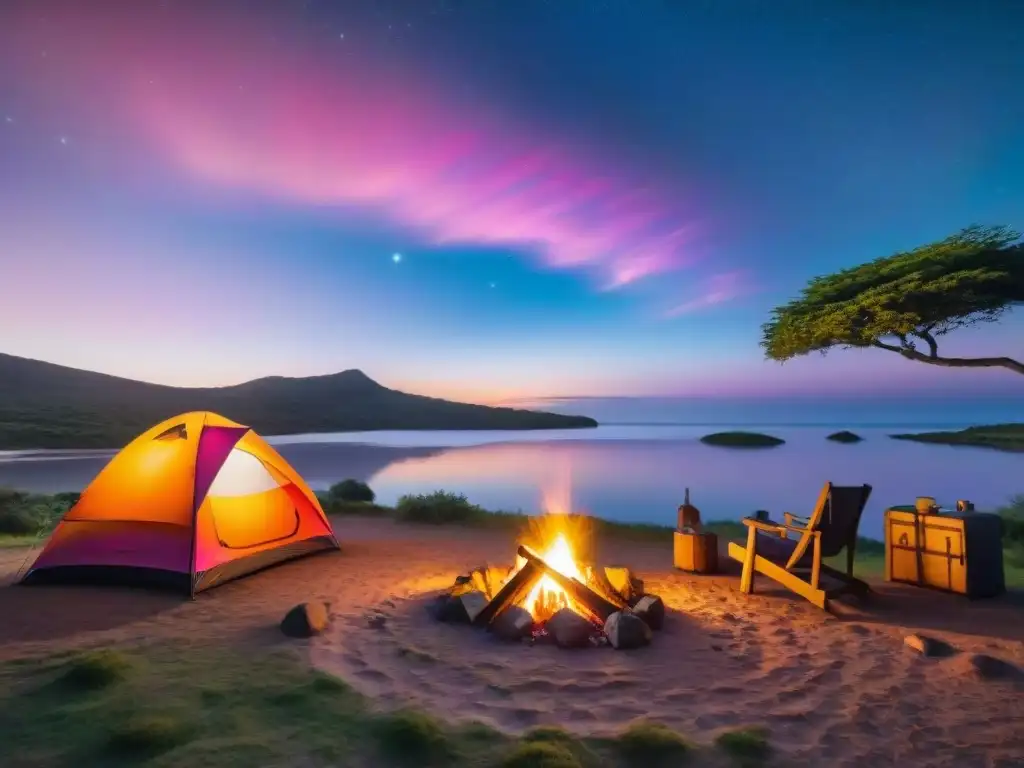 Campamento tranquilo al atardecer en Uruguay con una tienda acogedora iluminada por la puesta de sol, rodeada de naturaleza