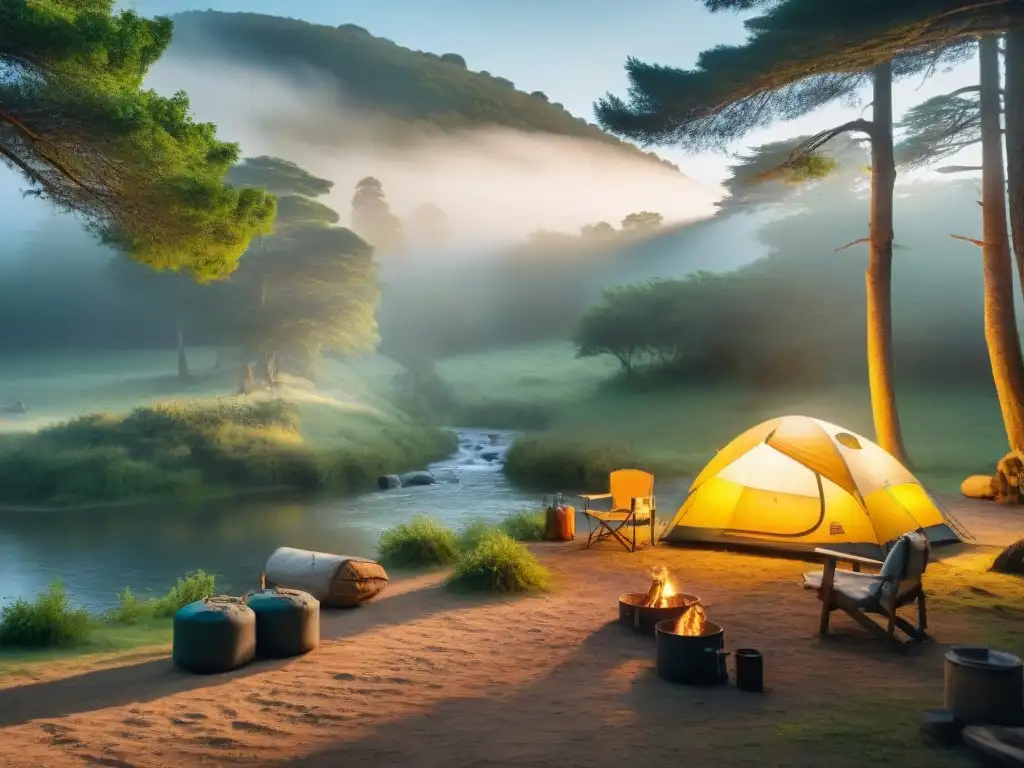 Campamento tranquilo en Uruguay con depuración de agua en camping, campistas filtrando agua en arroyo