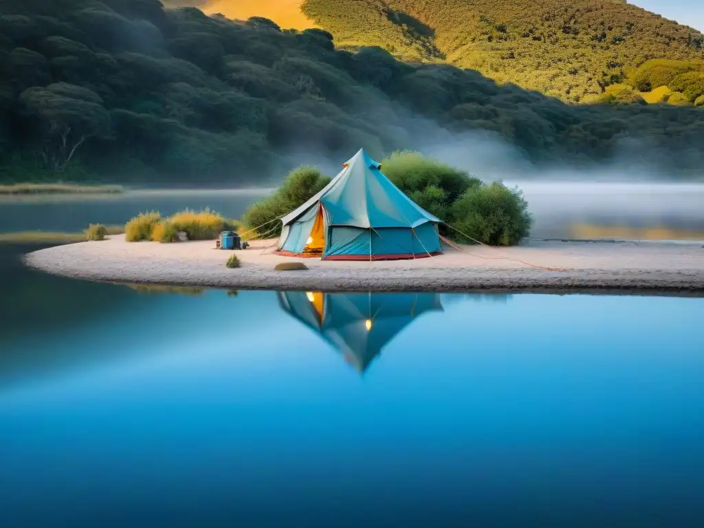 Campamento tranquilo al amanecer junto a río y laguna en Uruguay, ideal para acampar