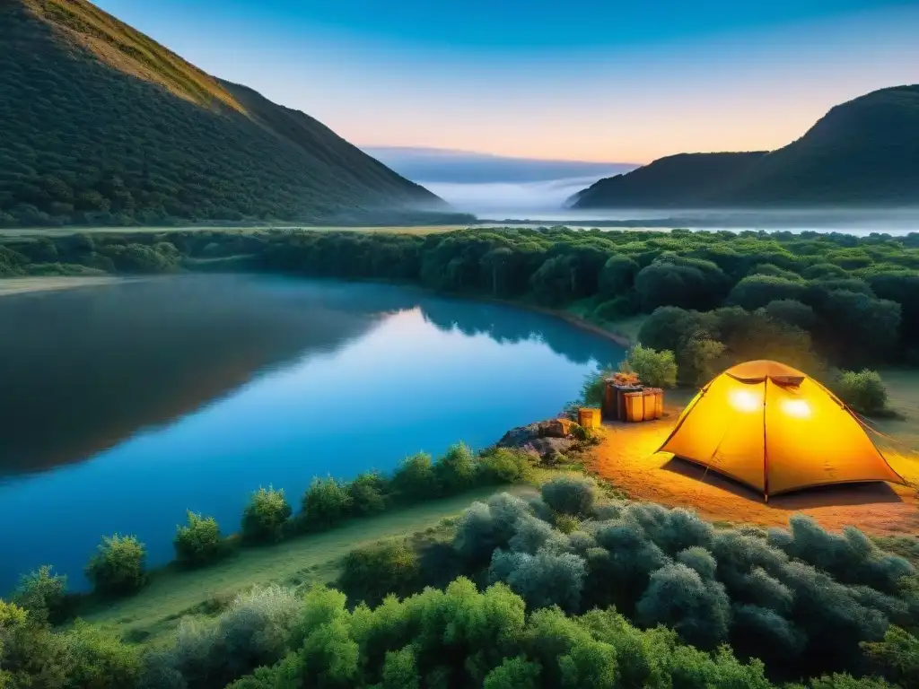 Campamento tranquilo en Uruguay con río sereno, tiendas coloridas y fogata cálida