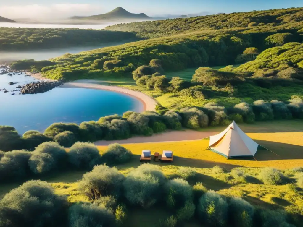 Un campamento tranquilo en Uruguay cerca de ríos, con tiendas de colores, fogata y actividades al aire libre al atardecer